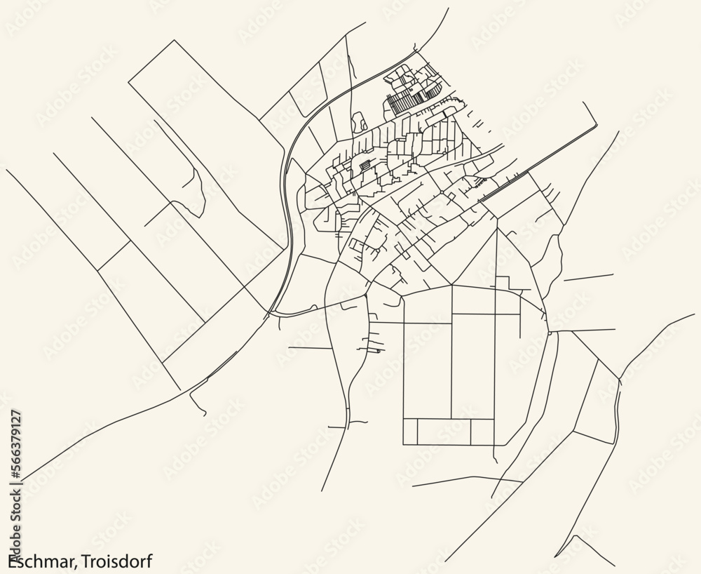 Detailed navigation black lines urban street roads map of the ESCHMAR DISTRICT of the German town of TROISDORF, Germany on vintage beige background