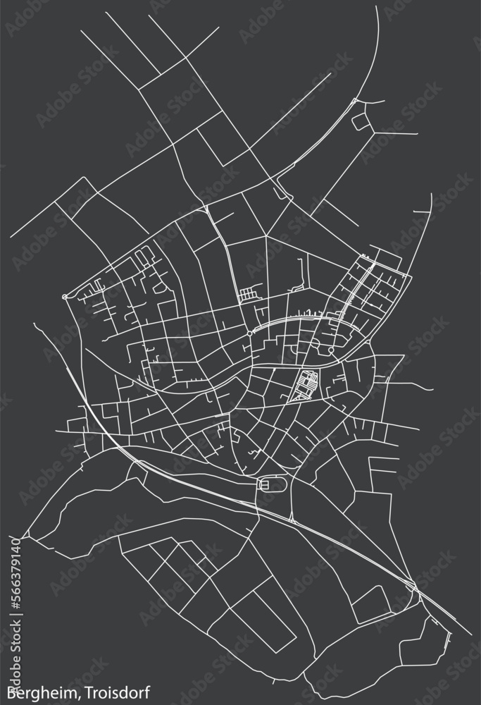 Detailed negative navigation white lines urban street roads map of the BERGHEIM DISTRICT of the German town of TROISDORF, Germany on dark gray background
