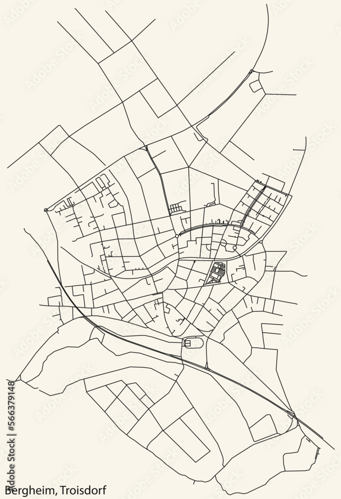 Detailed navigation black lines urban street roads map of the BERGHEIM DISTRICT of the German town of TROISDORF, Germany on vintage beige background