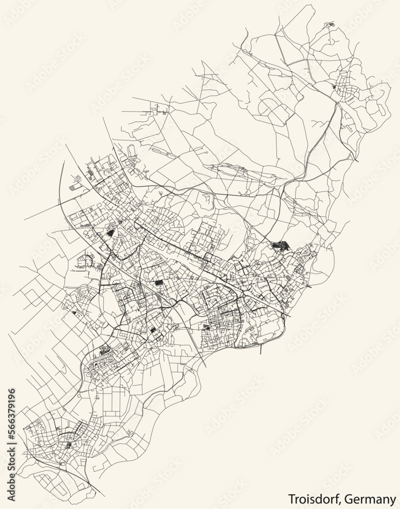 Detailed navigation black lines urban street roads map of the German town of TROISDORF, GERMANY on vintage beige background