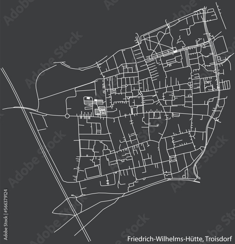Detailed negative navigation white lines urban street roads map of the FRIEDRICH-WILHELMS-HÜTTE DISTRICT of the German town of TROISDORF, Germany on dark gray background