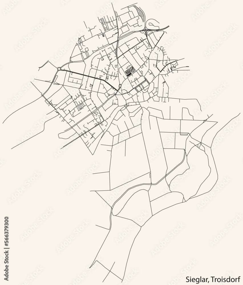 Detailed navigation black lines urban street roads map of the SIEGLAR DISTRICT of the German town of TROISDORF, Germany on vintage beige background