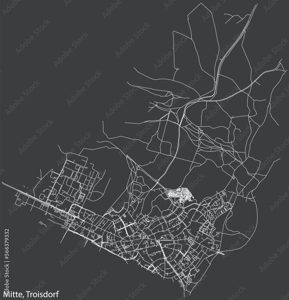 Detailed negative navigation white lines urban street roads map of the MITTE DISTRICT of the German town of TROISDORF, Germany on dark gray background Detailed negative navigation white lines urban street roads map of the MITTE DISTRICT of the German town of TROISDORF, Germany on dark gray background