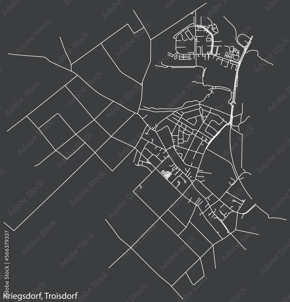 Detailed negative navigation white lines urban street roads map of the KRIEGSDORF DISTRICT of the German town of TROISDORF, Germany on dark gray background