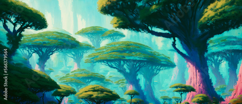 A surreal and fantastical landscape  an unknown world filled with a beautiful and colorful jungle. The hues are vibrant and give life to this otherworldly scene. Generative AI