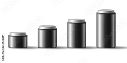 Set of black modern bottles for vitamins, sports supplements, medical devices, cosmetics. For product design and advertising materials.