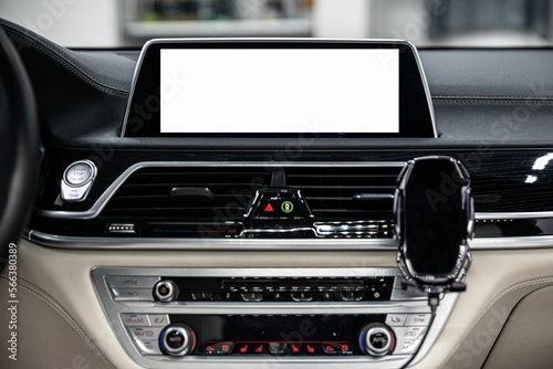 Blank screen of the on-board computer and multimedia systems of a modern car. Place for advertising. copyspace