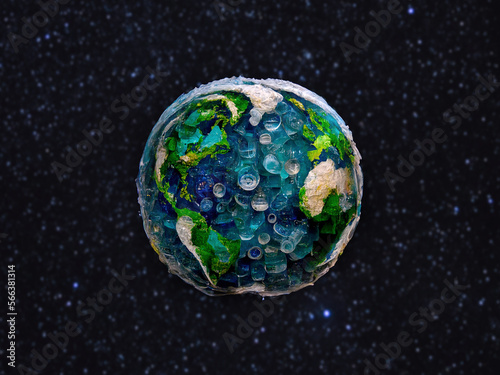 Fototapeta Naklejka Na Ścianę i Meble -  Planet earth made with plastics, garbage and used trash plastic bottles. Problems of the environment due to pollution with plastic waste. Importance of plastic recycling to avoid climate change.