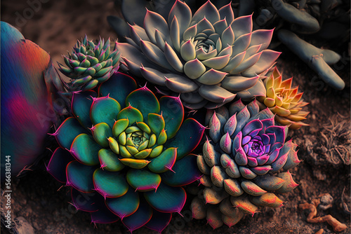 Beautiful colorful succulent plants on the ground photo