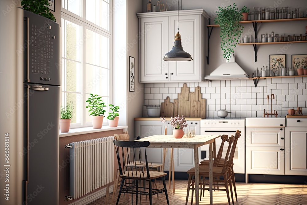 Scandinavian kitchen interior, 3d render. Ai-generative.