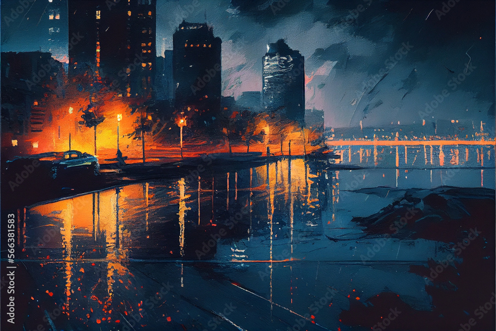 Fototapeta premium Art painting, generative Ai, city skyline at night
