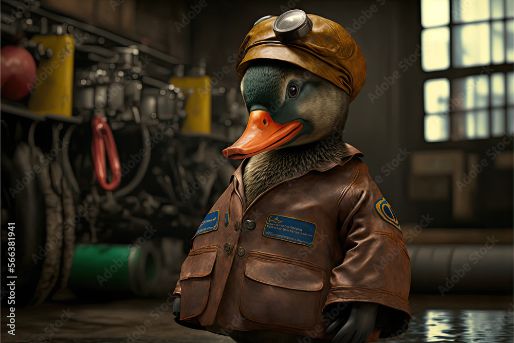 A duck dressed as a mechanic with uniform. Generative AI