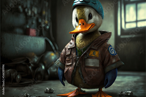 A duck dressed as a mechanic with uniform. Generative AI
