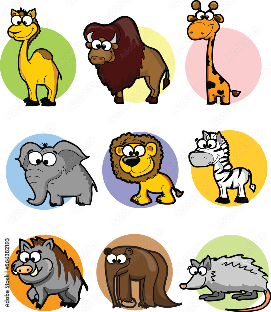 Fototapeta premium Cute animals collection: farm animals, wild animals isolated on white background. Vector illustration design template