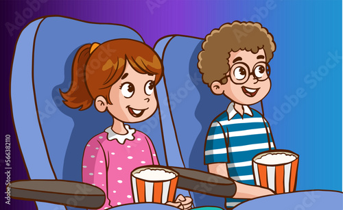 children watching movies in the cinema cartoon vector