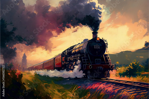 Oil painting art, generative Ai, steam train in the mountains