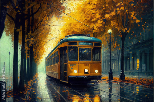 Oil painting art, generative Ai, old tram