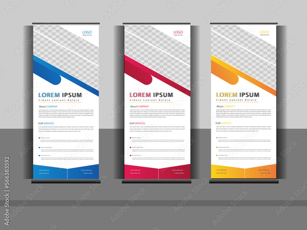 roll-up banner design template layout for exhibition with Three colors, editable roll-up banner vector template, and business roll-up display standee for presentation 2023.