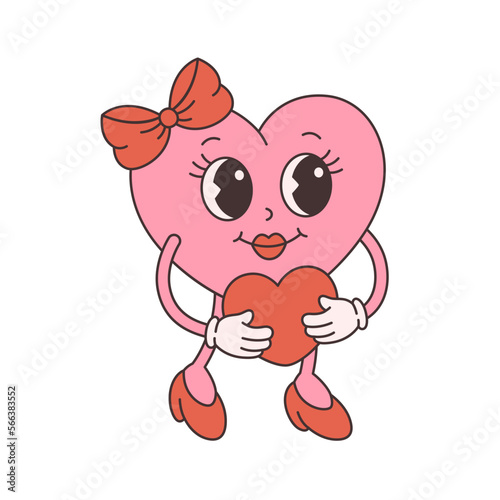 Trendy retro cartoon heart character. Groovy style, vintage, 70s 60s aesthetics. Valentines day. Vector illustration