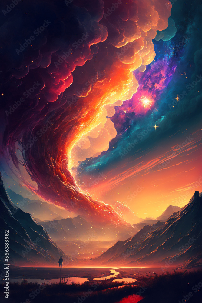 Fantasy dreamy sunset with stars and galaxies in the sky, artistic, colorful, art.