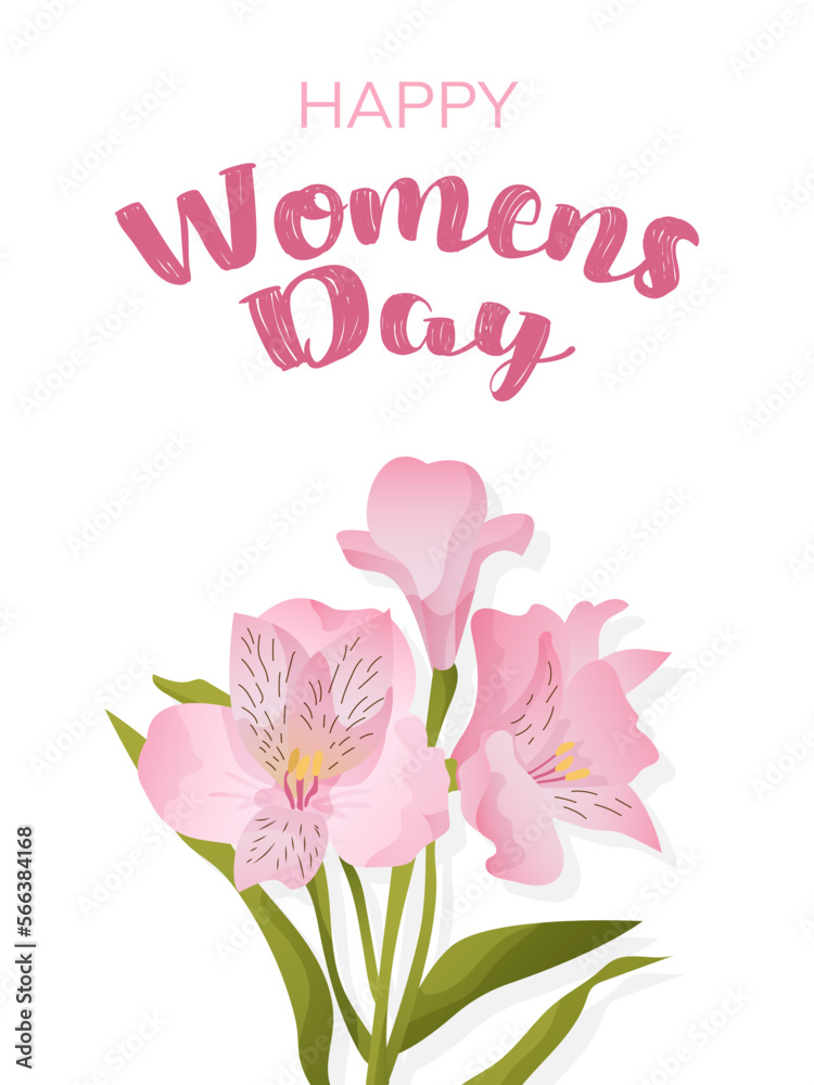 Women's day card. 8 march holiday background with cartoon alstroemeria. Vector illustration for poster, brochures, website