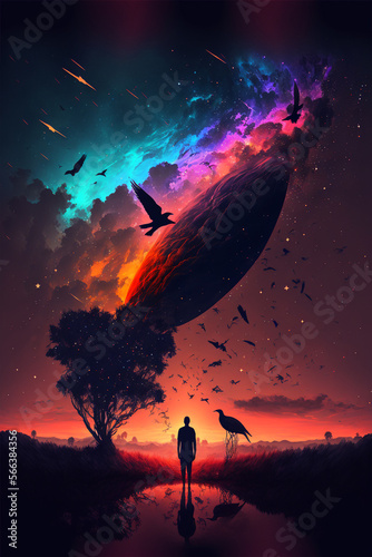 Fantasy dreamy sunset with stars and galaxies in the sky, artistic, colorful, art.