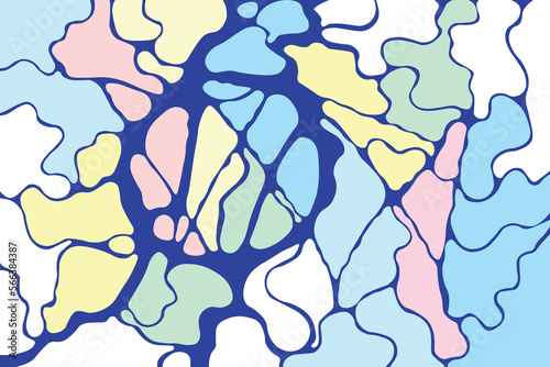 Abstract background, colorful blots with blue outline, flat vector, method of working with the unconscious, new neural connections, Piskarev's neurographics