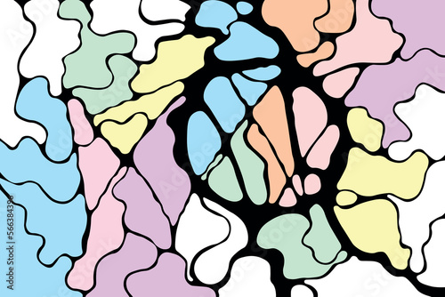 Abstract background, colorful blots with black outline, flat vector, method of working with the unconscious, new neural connections, Piskarev's neurographics