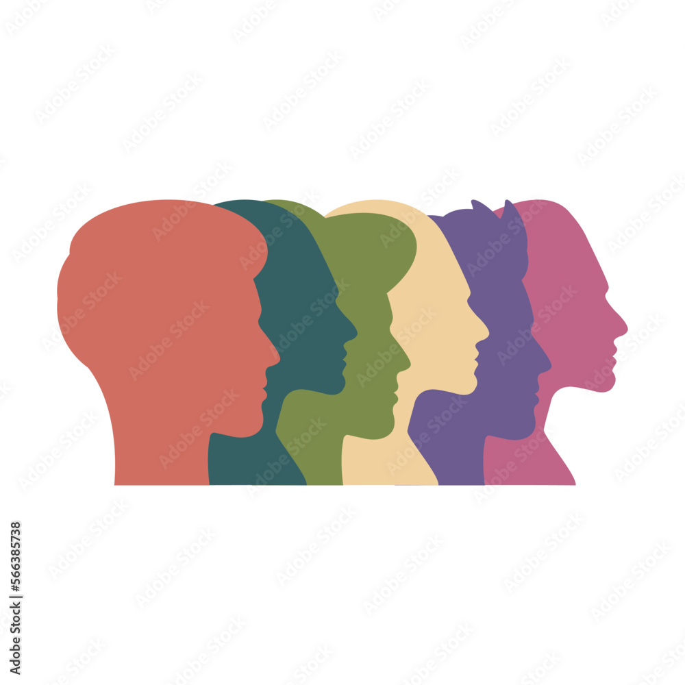 People silhouette, group of young male and female person profile avatar vector illustration for team and connection