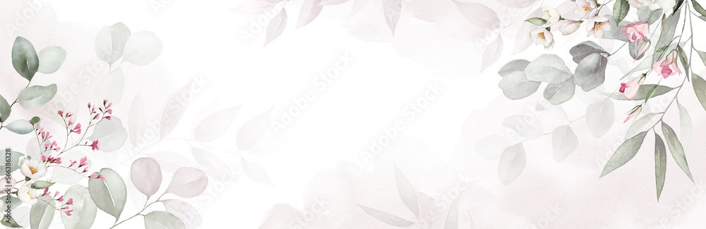 Watercolor floral border banner frame with green leaves, pink peach ...