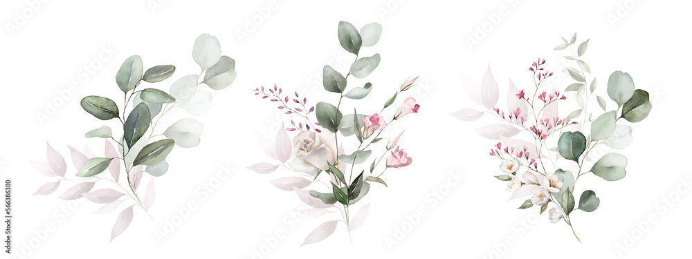 Watercolor floral bouquet set with green leaves, pink peach blush white flowers, leaf branches, for wedding invitations, greetings, wallpapers, fashion, prints. Eucalyptus, olive, rose, peony.