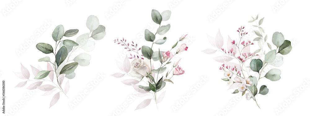 Naklejka premium Watercolor floral bouquet set with green leaves, pink peach blush white flowers, leaf branches, for wedding invitations, greetings, wallpapers, fashion, prints. Eucalyptus, olive, rose, peony.