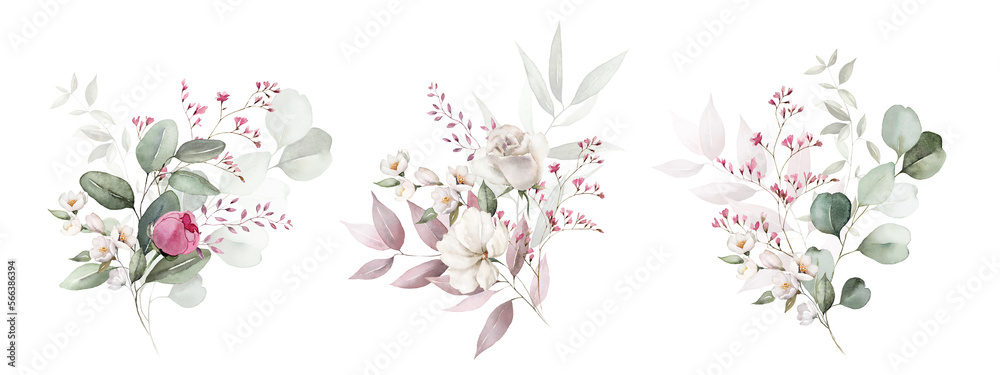 Watercolor floral bouquet set with green leaves, pink peach blush white ...