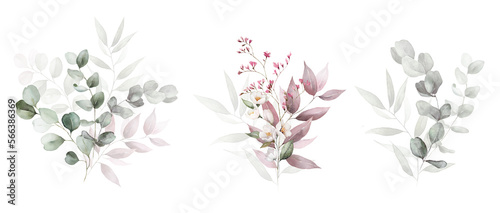 Watercolor floral bouquet set with green leaves, pink peach blush white flowers, leaf branches, for wedding invitations, greetings, wallpapers, fashion, prints. Eucalyptus, olive, rose, peony.