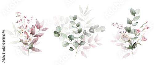 Watercolor floral bouquet set with green leaves, pink peach blush white flowers, leaf branches, for wedding invitations, greetings, wallpapers, fashion, prints. Eucalyptus, olive, rose, peony. © Veris Studio