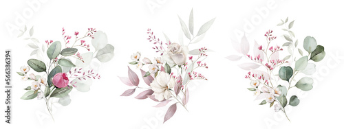 Watercolor floral bouquet set with green leaves  pink peach blush white flowers  leaf branches  for wedding invitations  greetings  wallpapers  fashion  prints. Eucalyptus  olive  rose  peony.