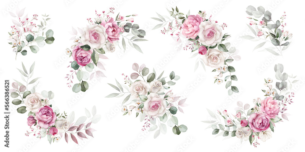 Watercolor floral illustration bouquet set - green leaves, pink peach blush white flowers branches. Wedding invitations, greetings, wallpapers, fashion, prints. Eucalyptus, olive, peony, rose.