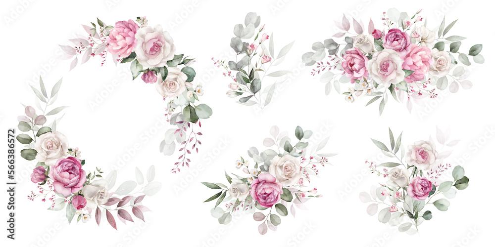 Watercolor floral illustration set bouquet, wreath, frame green leaves, pink peach blush white flowers branches. Wedding invitations, greetings, wallpapers, fashion, prints. Eucalyptus, olive, peony.