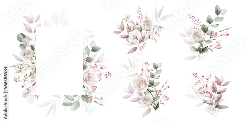 Watercolor floral illustration set bouquet, border, frame green leaves, pink peach blush white flowers branches. Wedding invitations, greetings, wallpapers, fashion, prints. Eucalyptus, olive, peony.