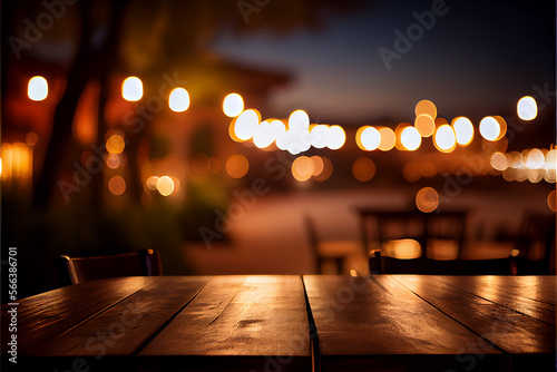 Empty wooden table in a terrace in a nighttime urban setting, generative AI