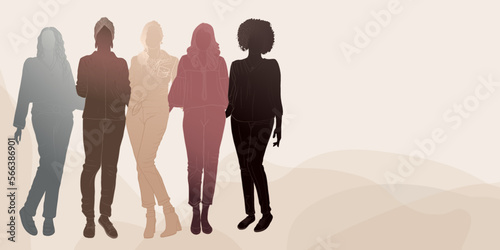 Front view group of multiethnic women and girls embracing each other. Women day. Female social network community of diverse culture. Equality.Colleagues.Empowerment. Banner copy space