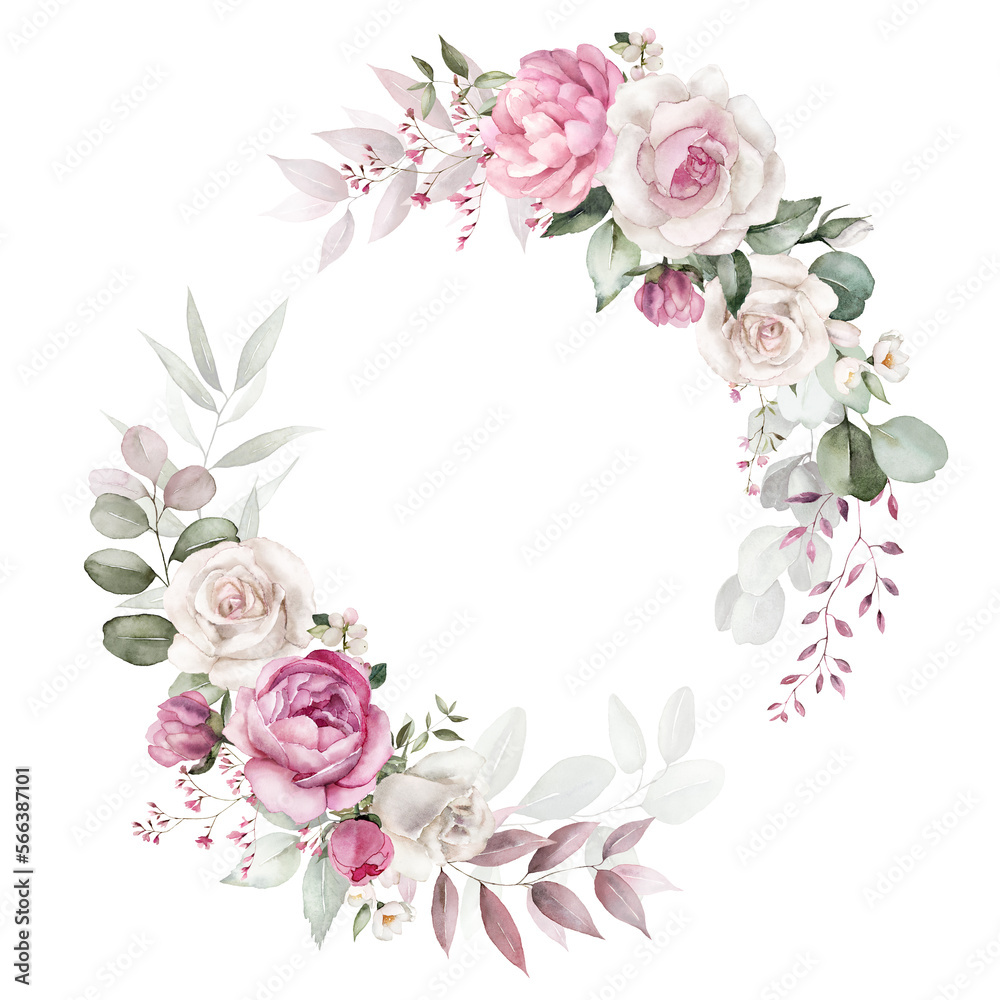 Watercolor floral wreath frame with green leaves, pink peach blush white flowers branches, for wedding invitations, greetings, wallpapers, fashion, prints. Eucalyptus, olive green leaves, rose, peony.