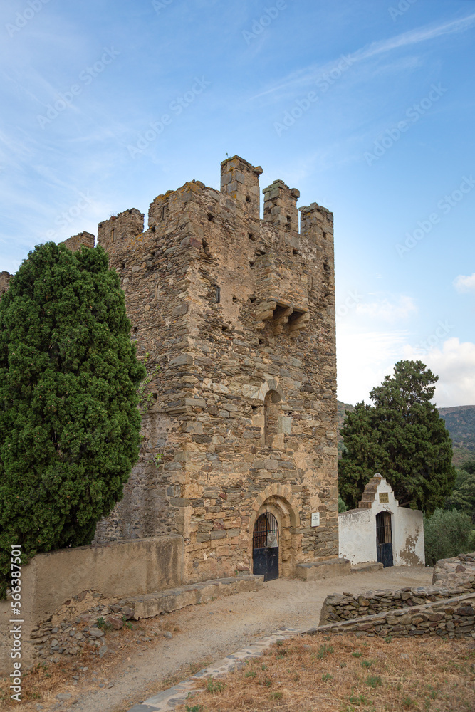 Tower of the church of San Sebastian the mountain. Selva de Mar, Girona, Spain. Romanesque style. Next door is the village cemetery.