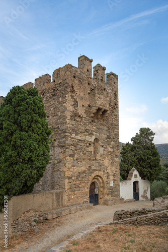Tower of the church of San Sebastian the mountain. Selva de Mar, Girona, Spain. Romanesque style. Next door is the village cemetery. © Mer