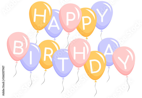 happy birthday card with balloons. Happy birthday handwritten text lettering on white background.
