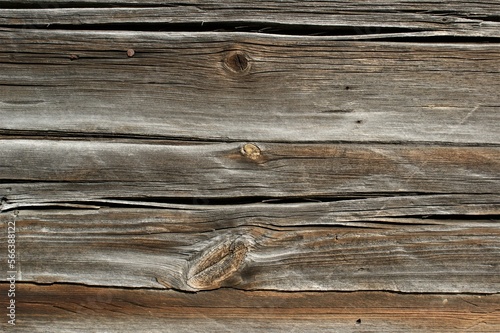 Fragment of an old wooden wall. The wall of an old wooden log house.