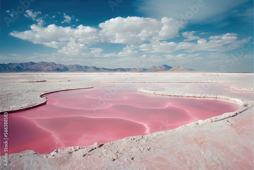 Pink salty lake in white salt desert, blue sky, landscape background. Generative AI photo