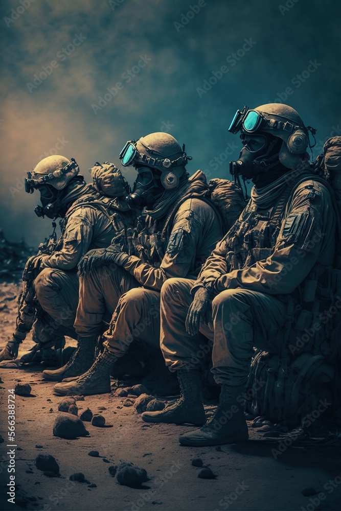 Fototapeta premium Soldier wearing protective face mask waiting in the ground at night. Generative AI illustration