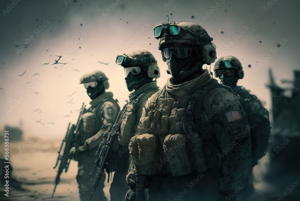 Military force in full suit ready for war. Generative AI illustration Military force in full suit ready for war. Generative AI illustration