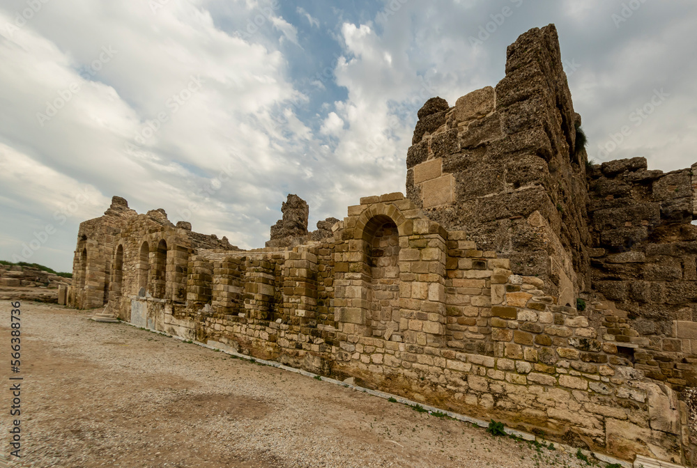 Side ancient city ruins in Antalya province of Turkey.